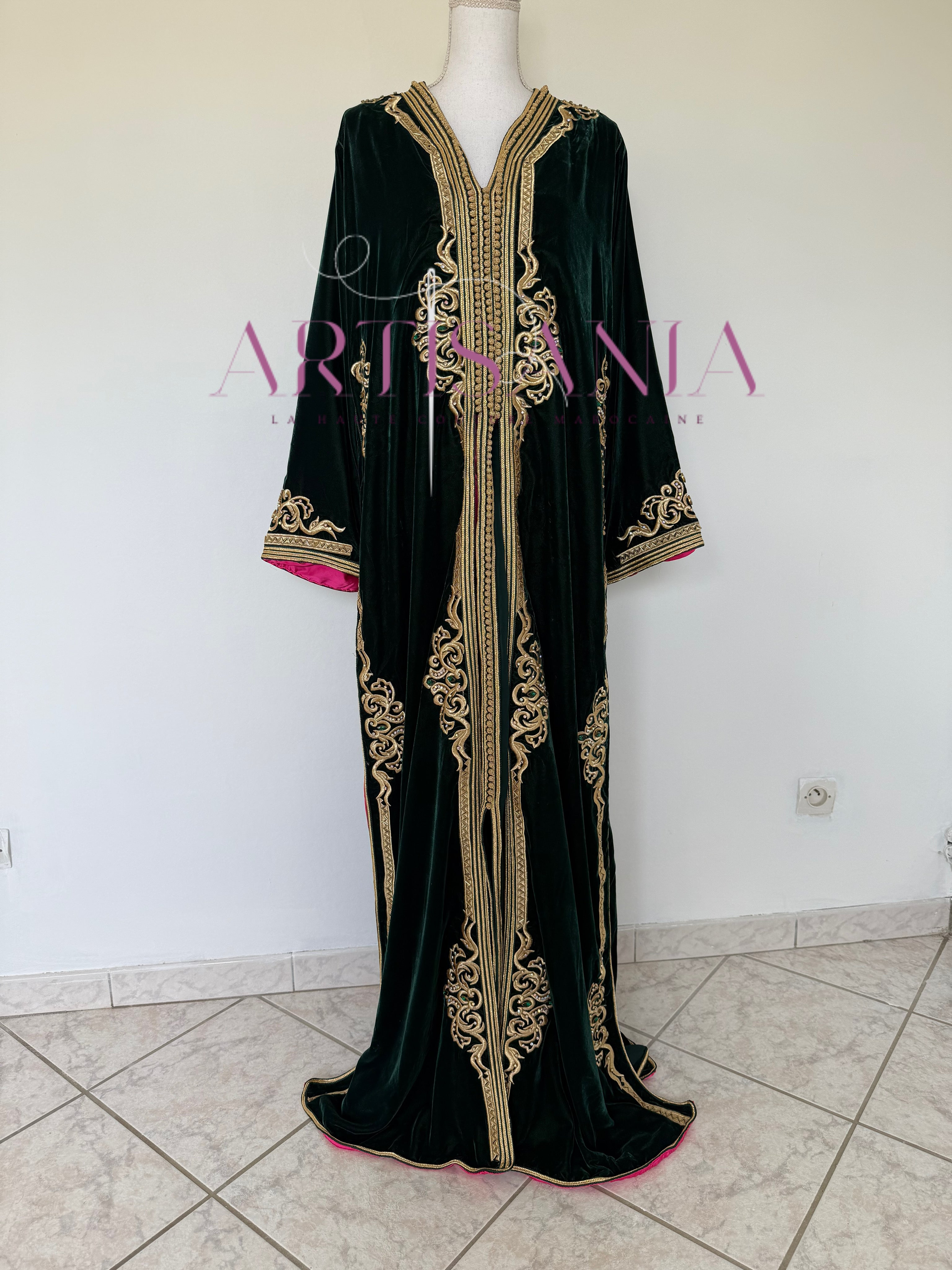 Takchita marocaine vert royal en velours - modèle Saadia 💚🩷✨