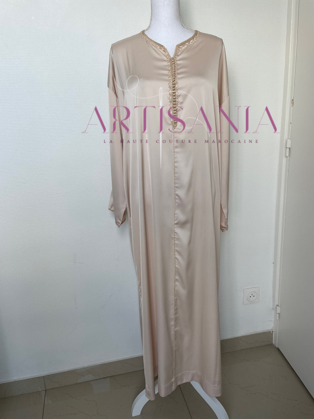 Jellaba deux pièces beige tissu kamkha - modèle Albana