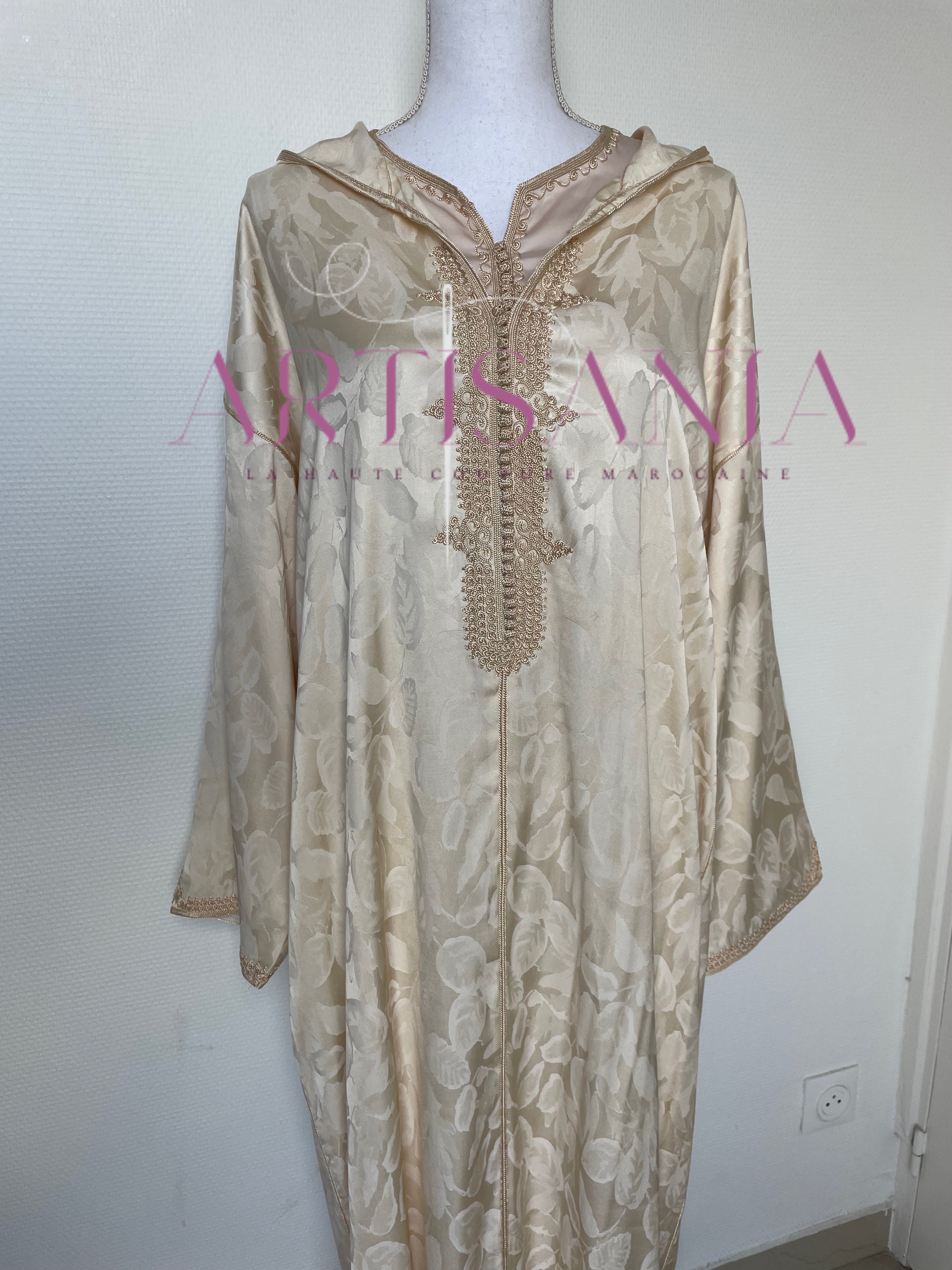 Jellaba deux pièces beige tissu kamkha - modèle Albana