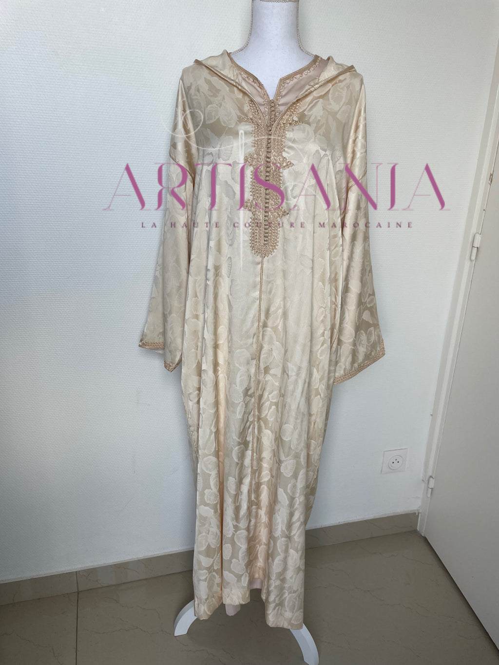 Jellaba deux pièces beige tissu kamkha - modèle Albana