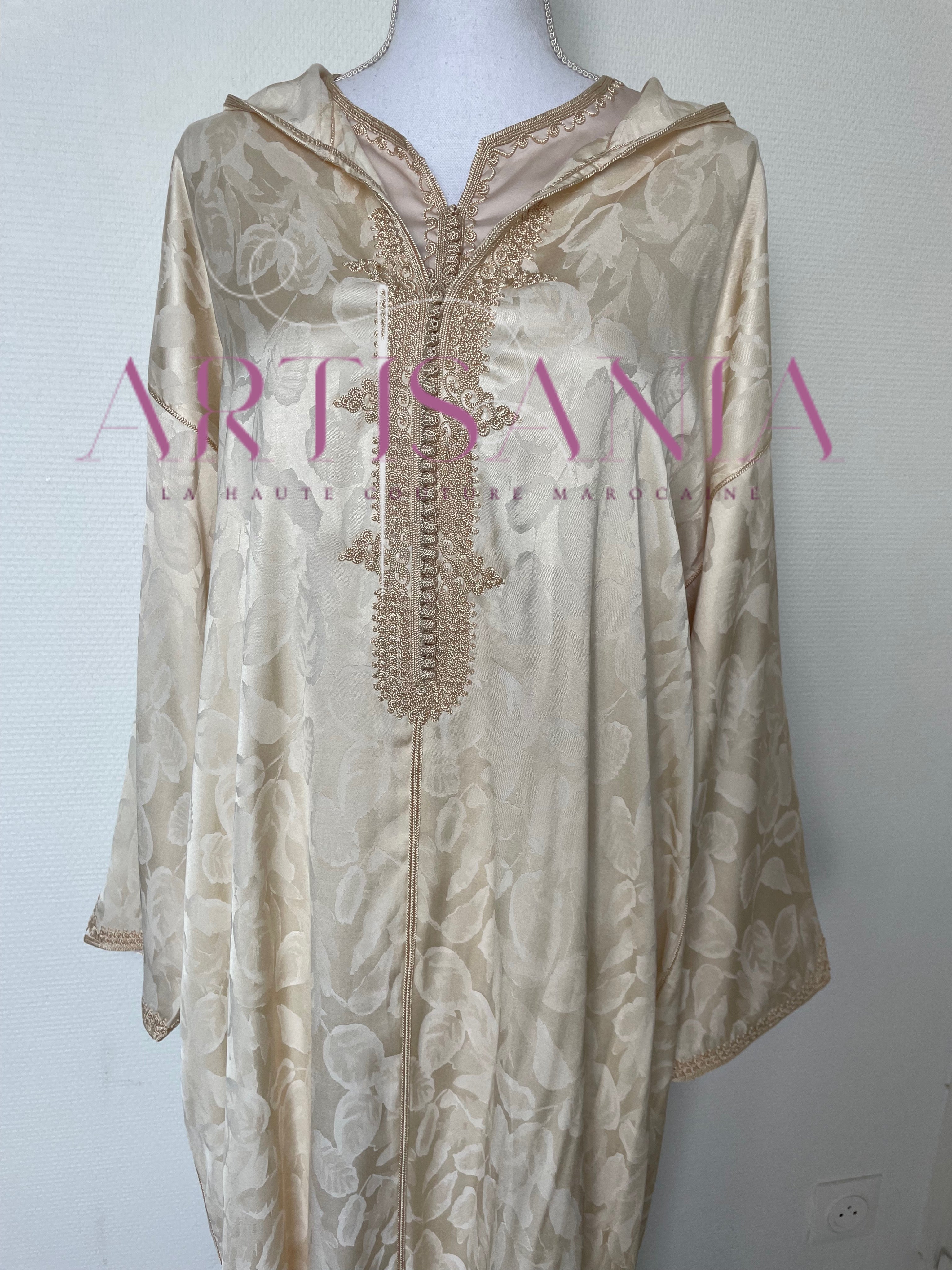 Jellaba deux pièces beige tissu kamkha - modèle Albana