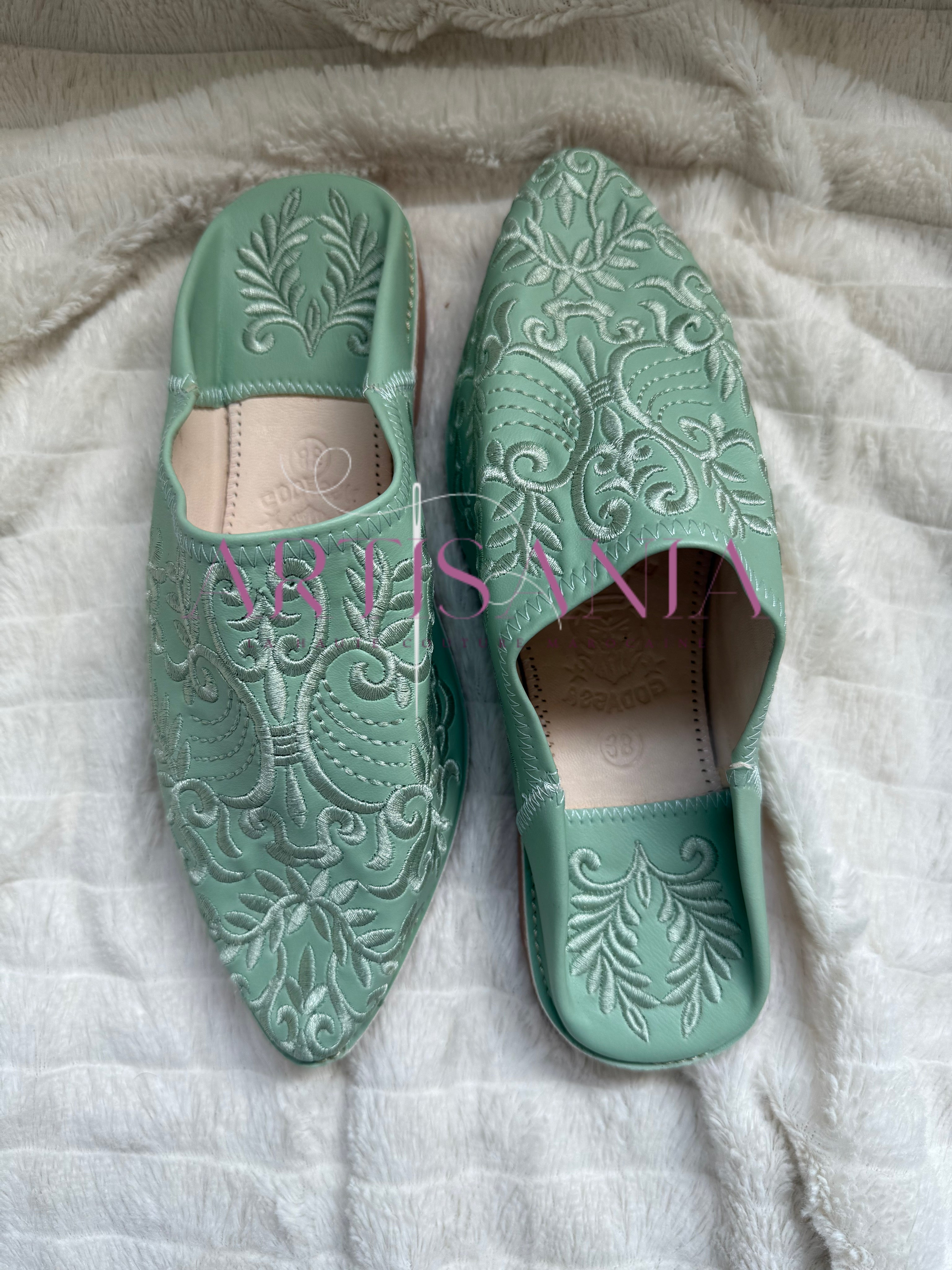 Babouche plates Anissa - vert d'eau