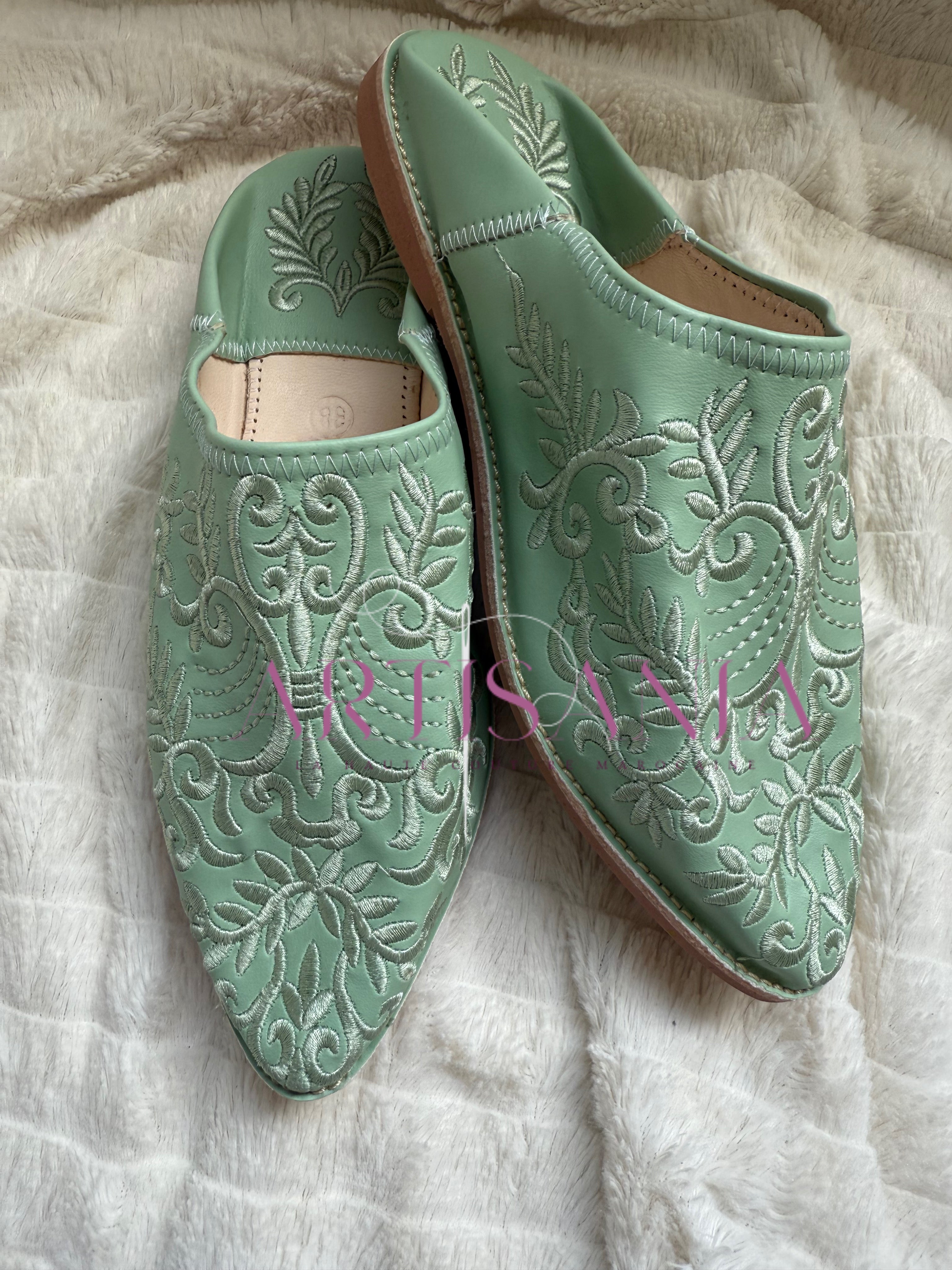 Babouche plates Anissa - vert d'eau