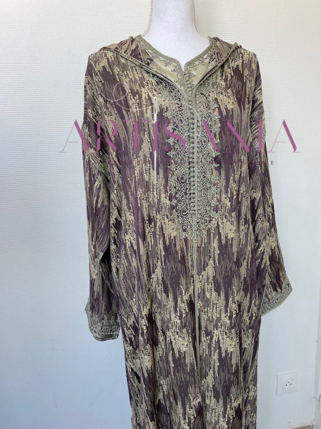 Jellaba marocaine deux pièces en tissu Kamkha – Modèle Tiana