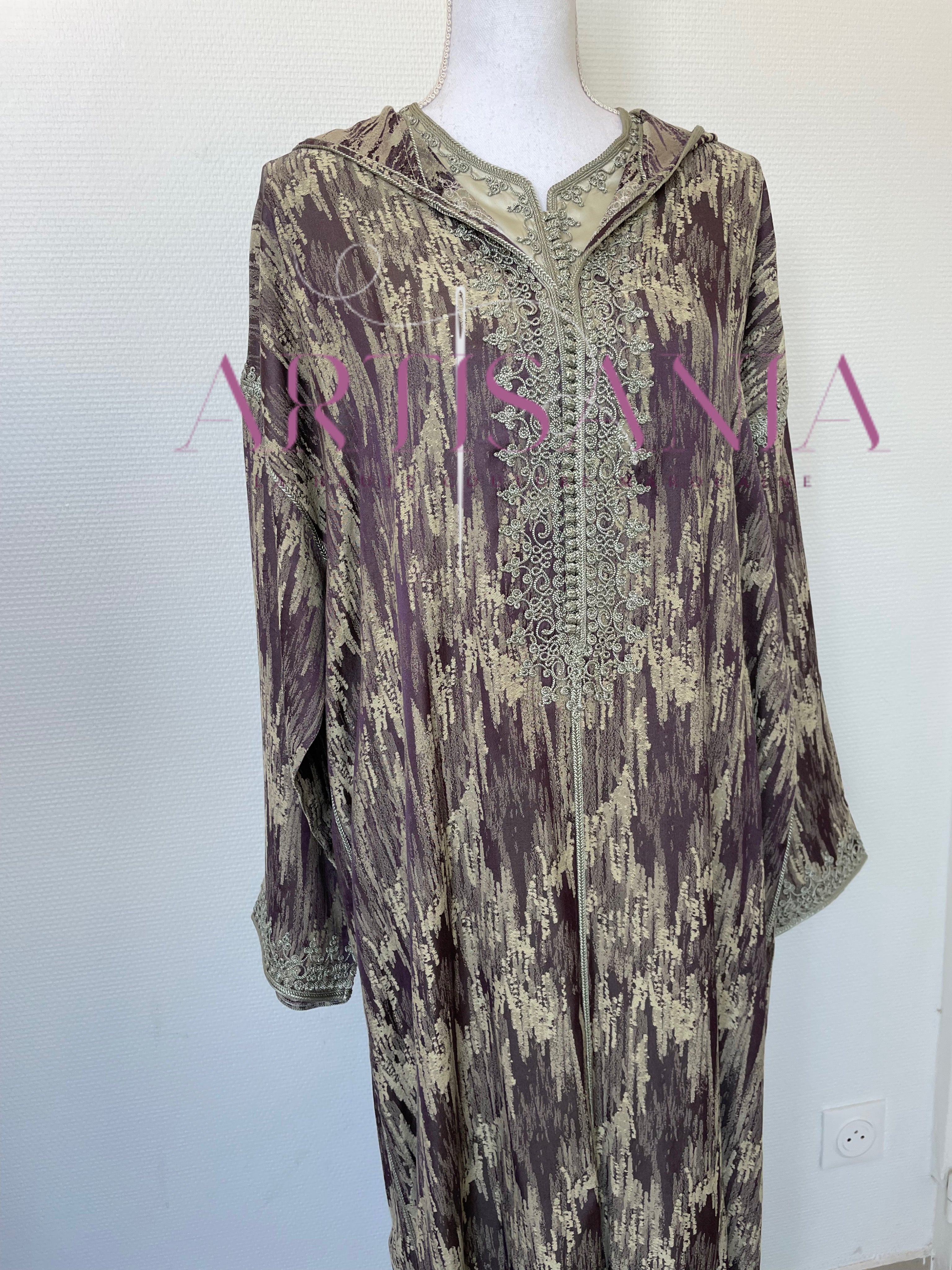 Jellaba marocaine deux pièces en tissu Kamkha – Modèle Tiana