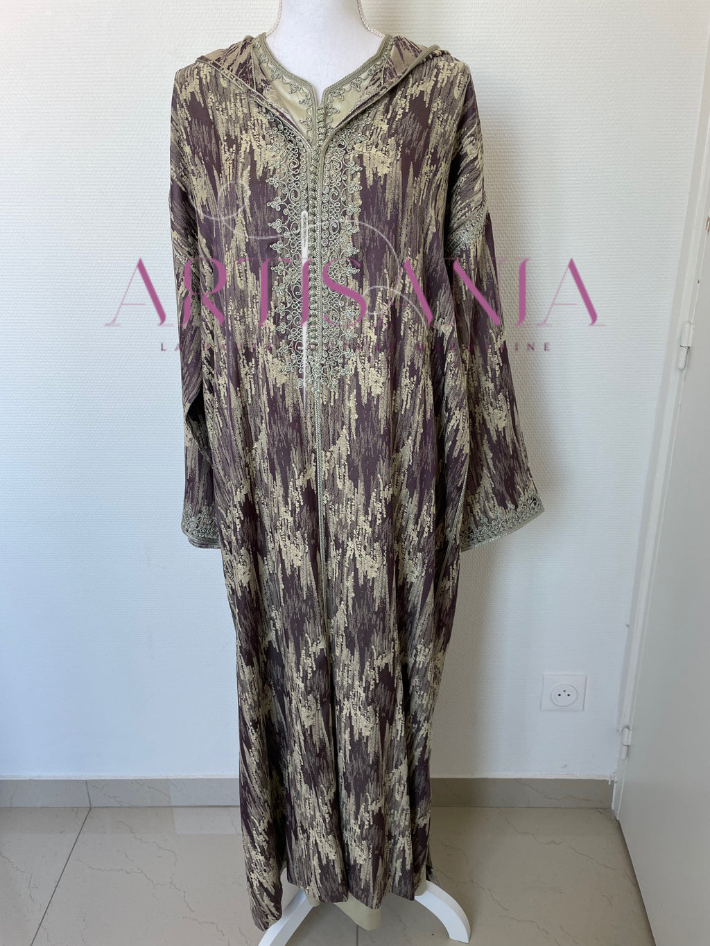 Jellaba marocaine deux pièces en tissu Kamkha – Modèle Tiana