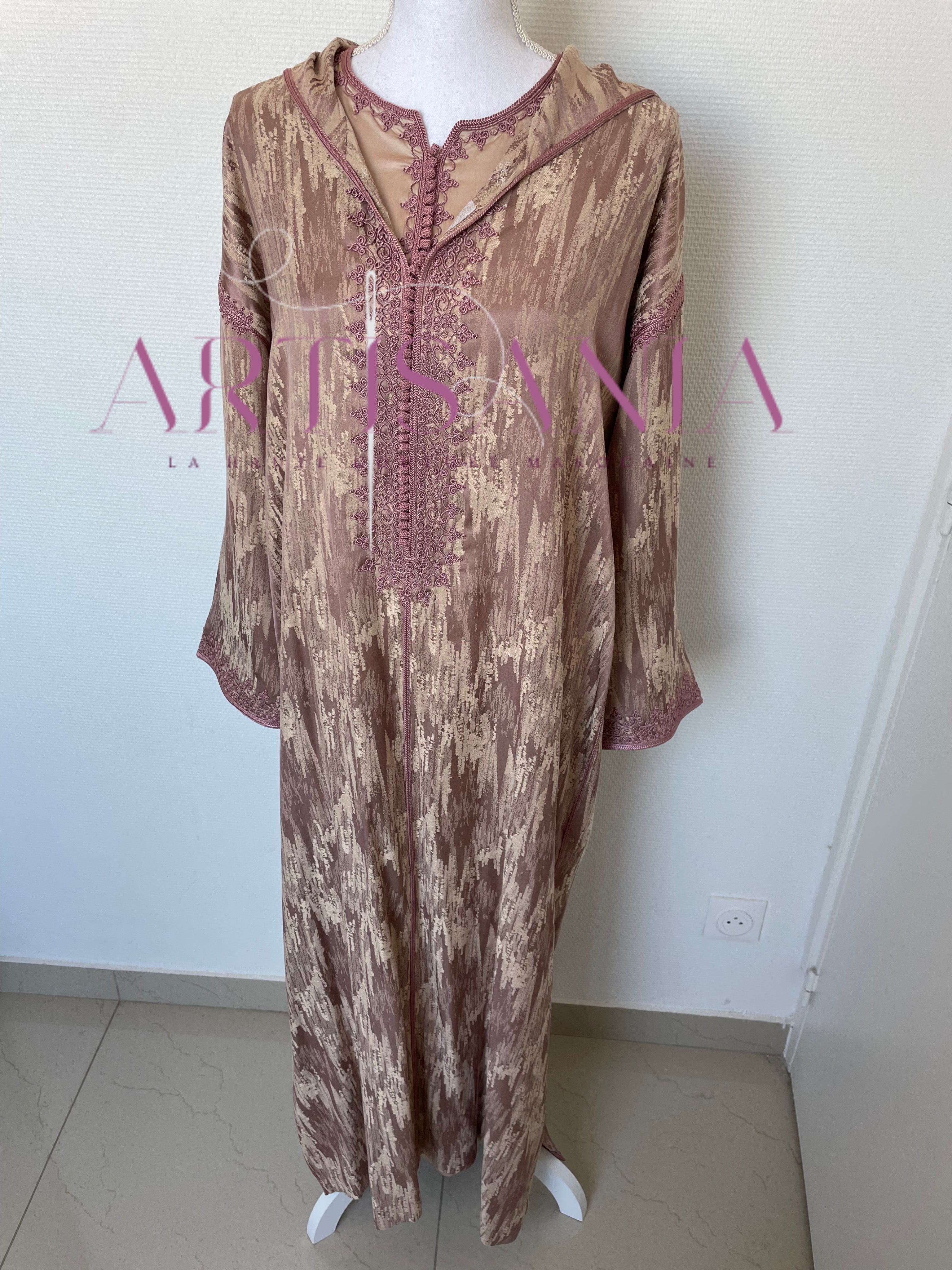 Jellaba marocaine deux pièces en tissu Kamkha – Modèle Tiana