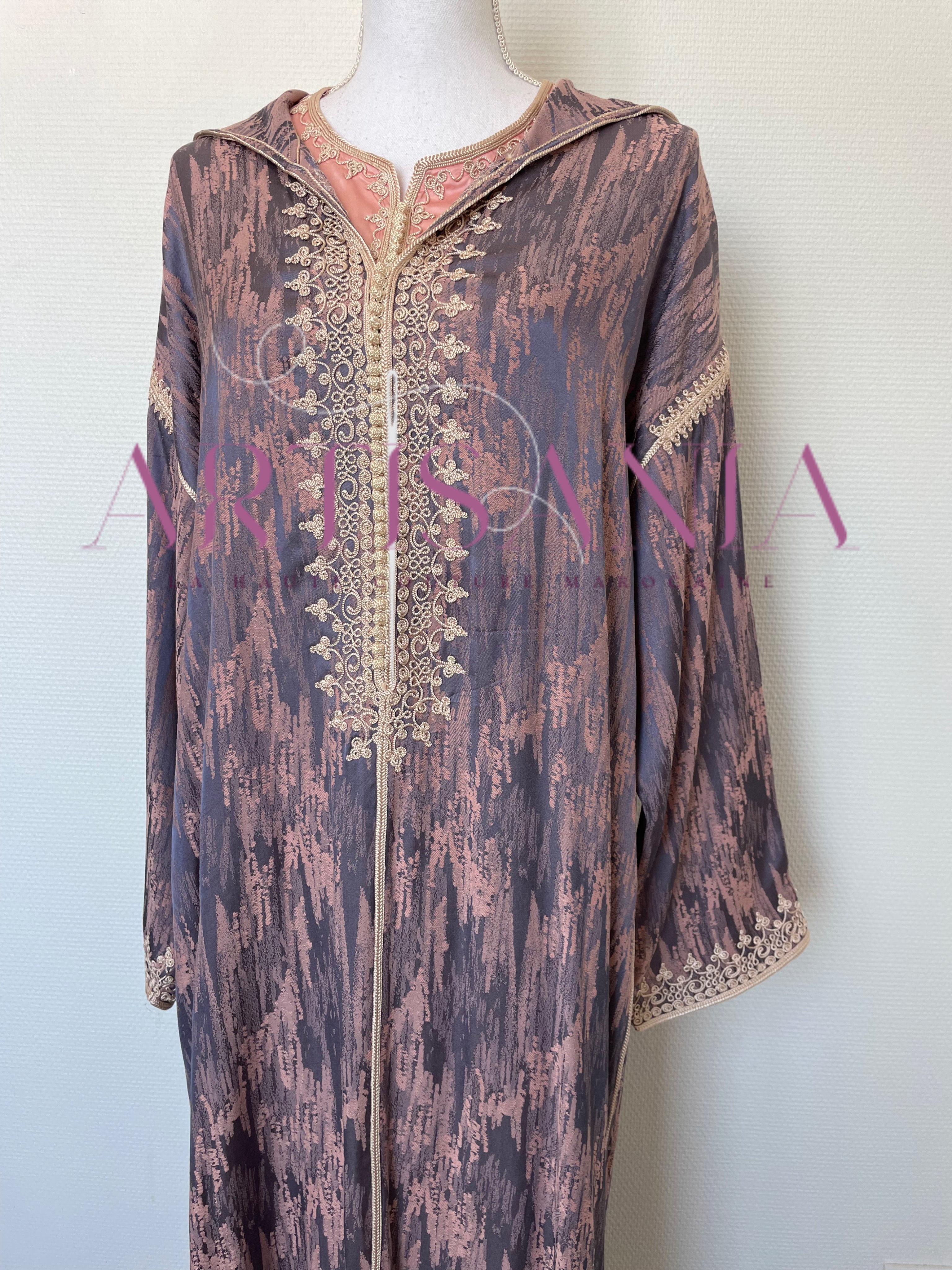 Jellaba marocaine deux pièces en tissu Kamkha – Modèle Tiana