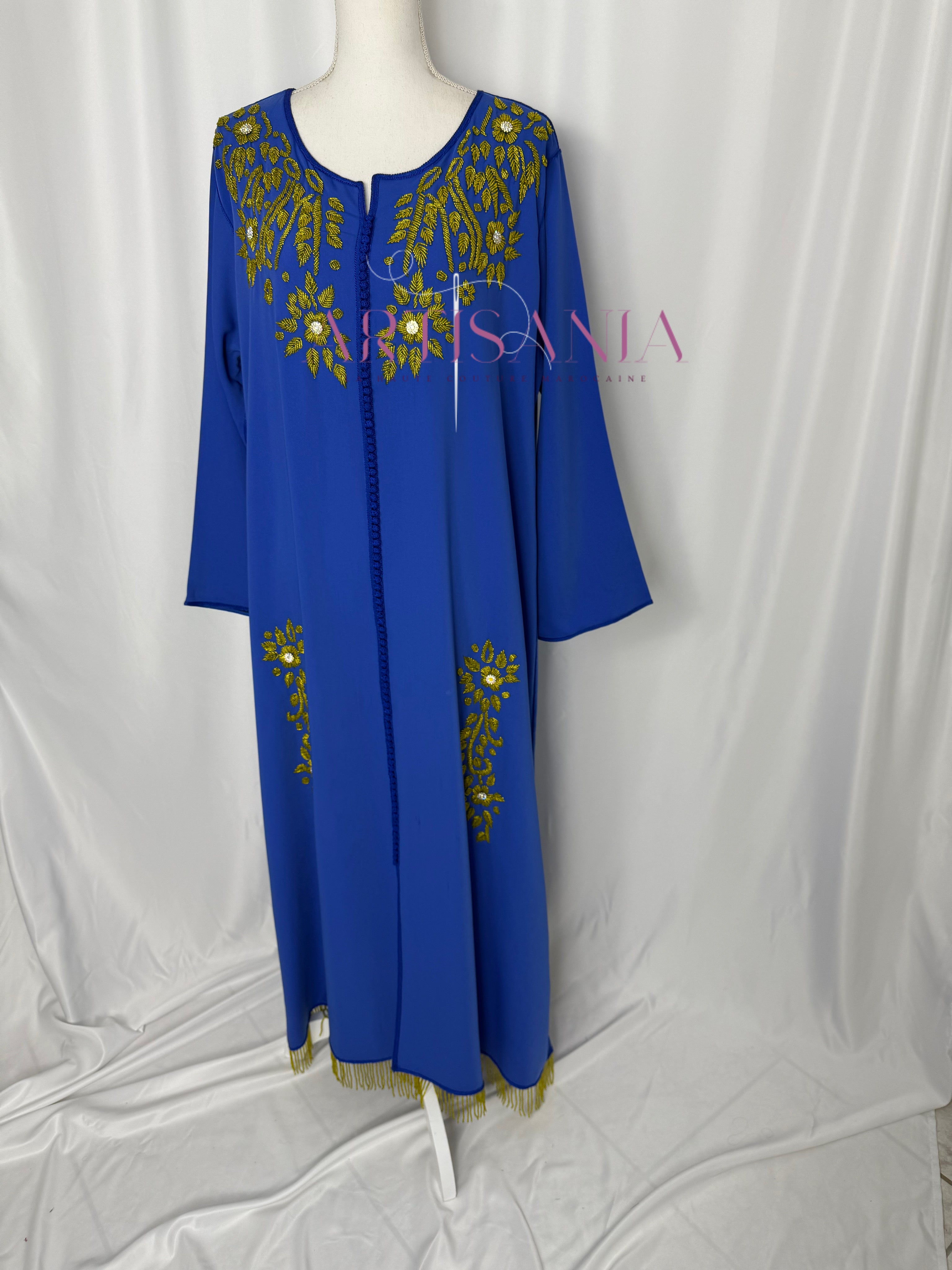 Gandoura marocaine bleu avec perles jaune - modèle Aina 💙✨