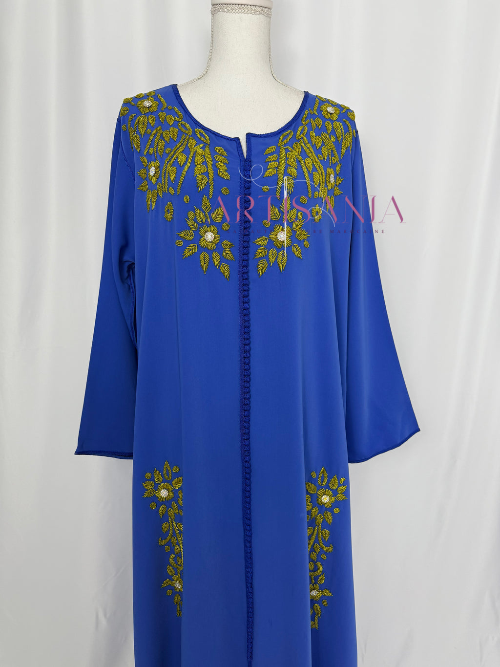 Gandoura marocaine bleu avec perles jaune - modèle Aina 💙✨