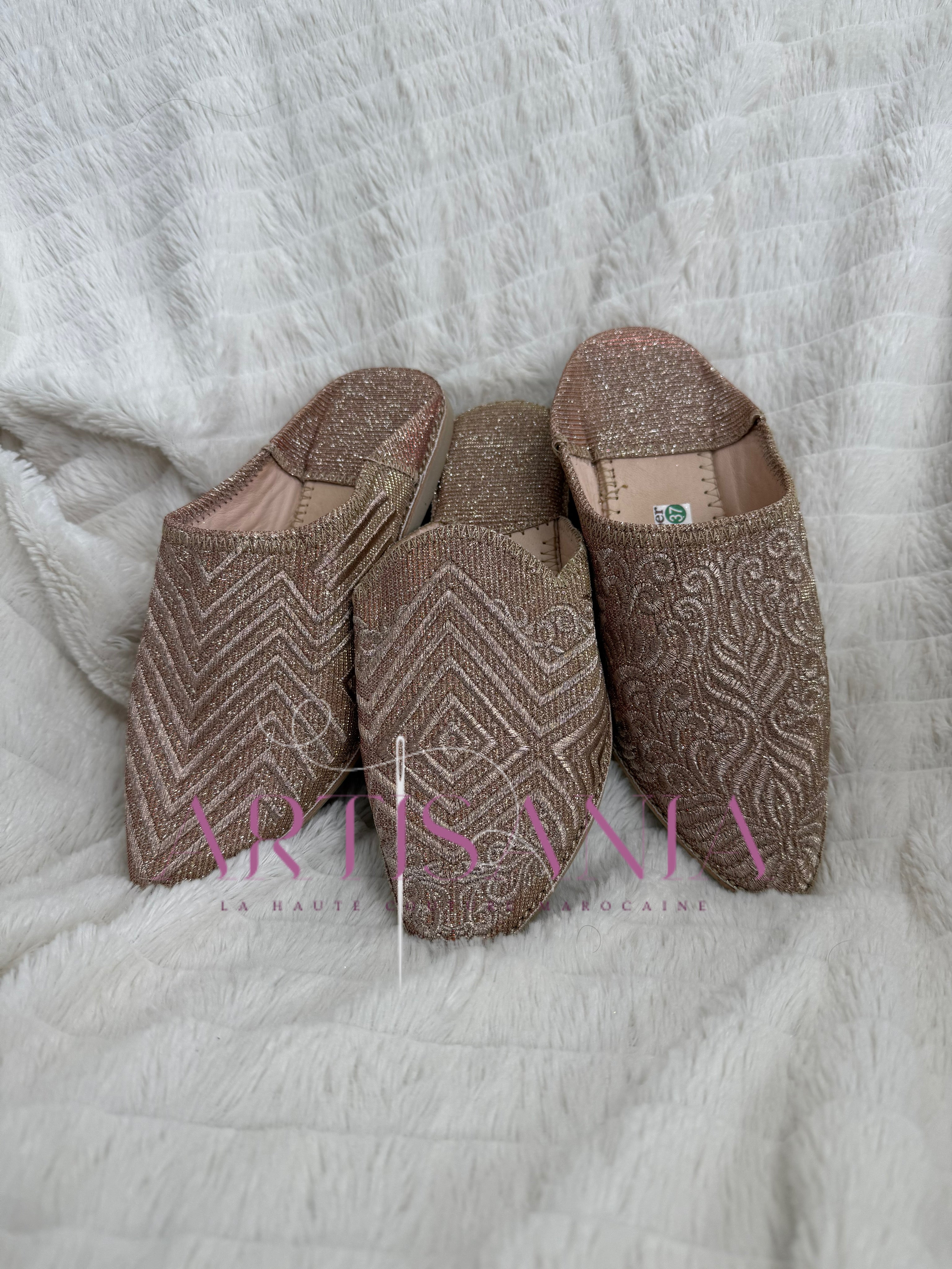 Babouche marocaine plate - modèle pailleté rose gold