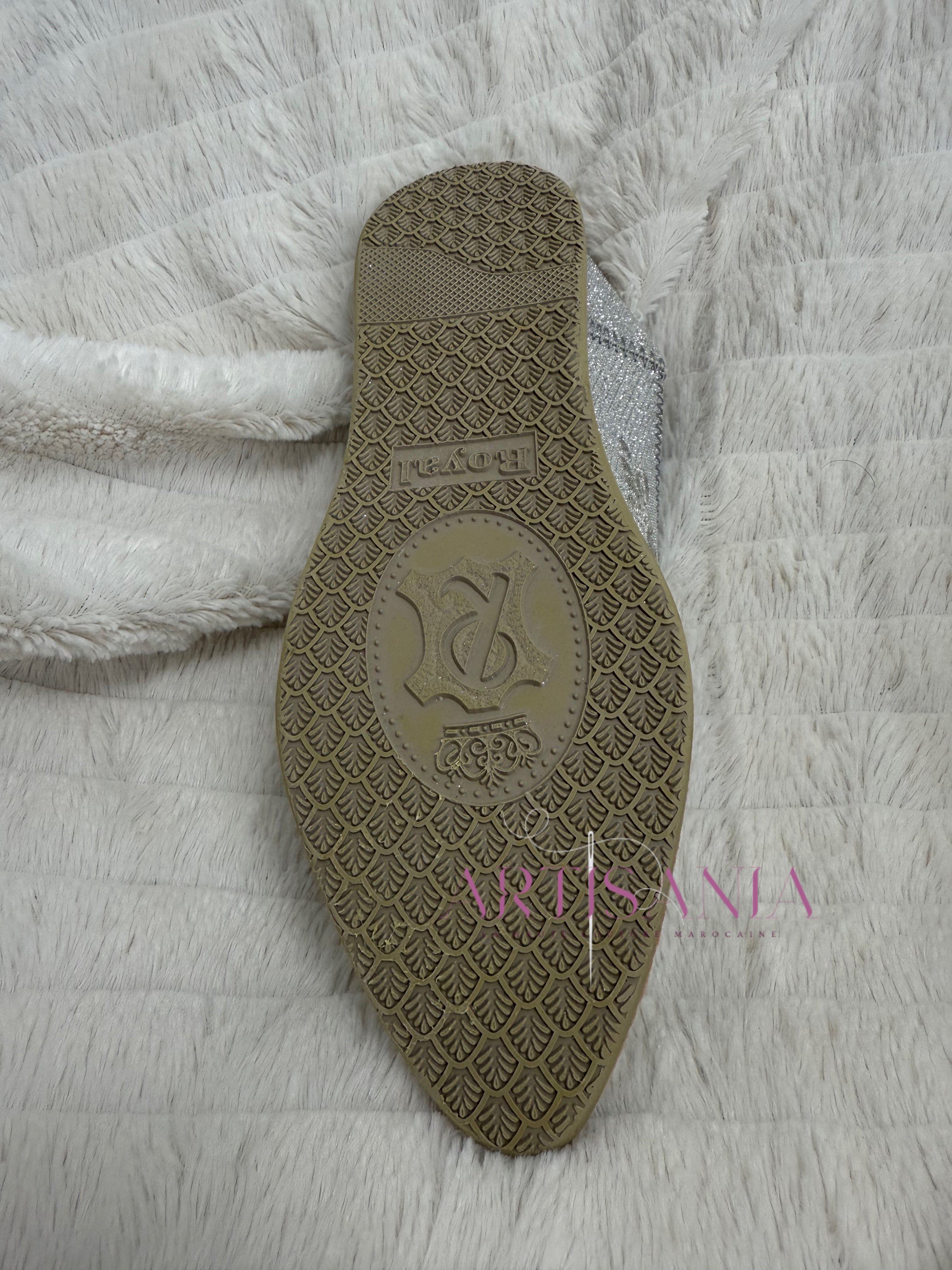Babouche marocaine plate – modèle pailleté argenté