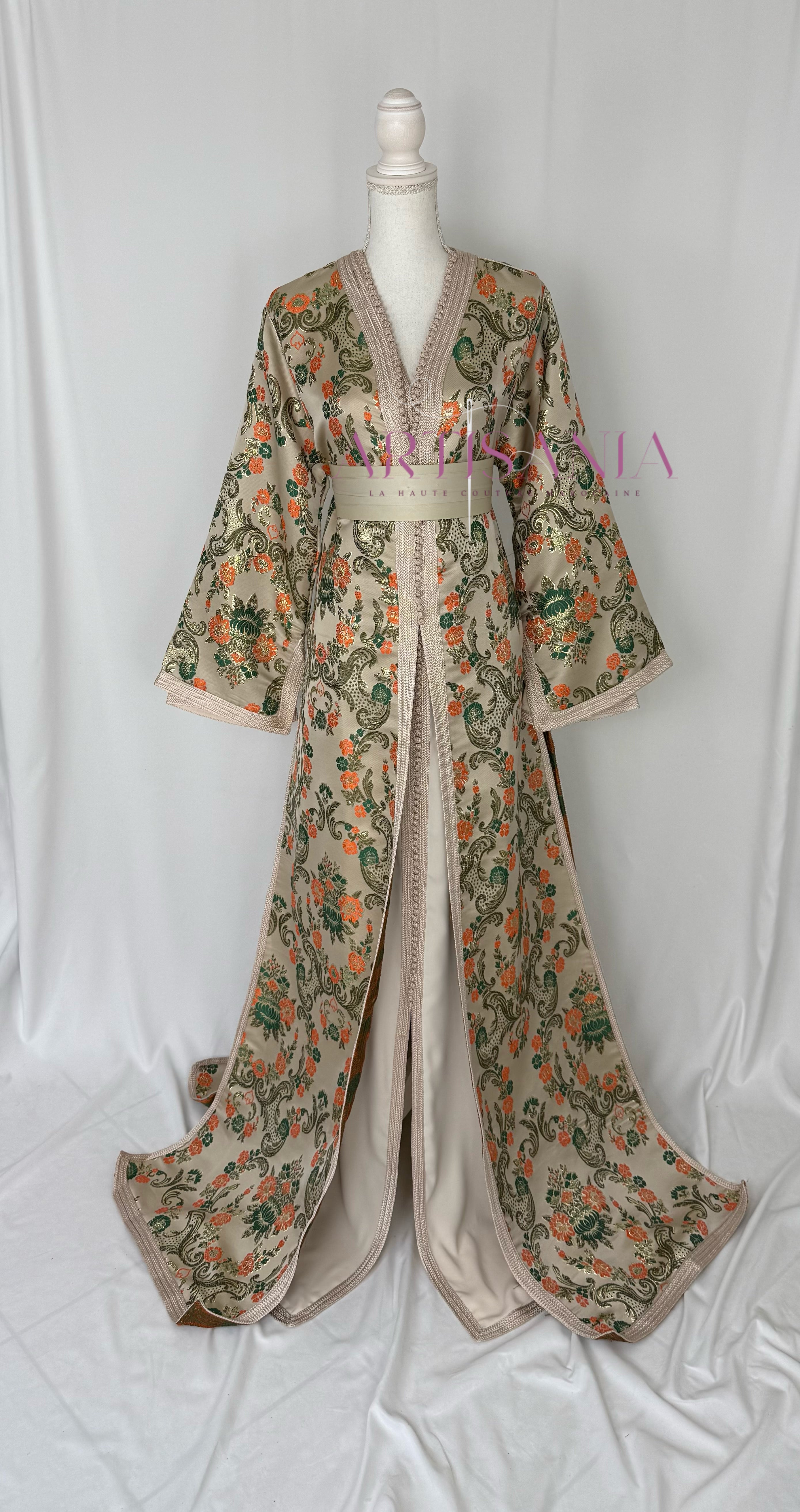 Takchita marocaine modèle Ranelle – Tissu Haj Omar 🧡🍃